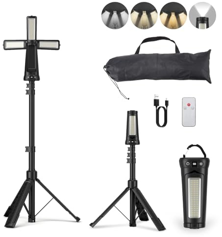 Faro LED Ricaricabile con Telecomando e Treppiede Telescopico（79,5 in), 9000LM Ultra Luminoso Faretto a Batteria,3+1 Teste Luminose, 9000 mAh, Faro da Cantiere per Officine Sport Campeggio Emergenze