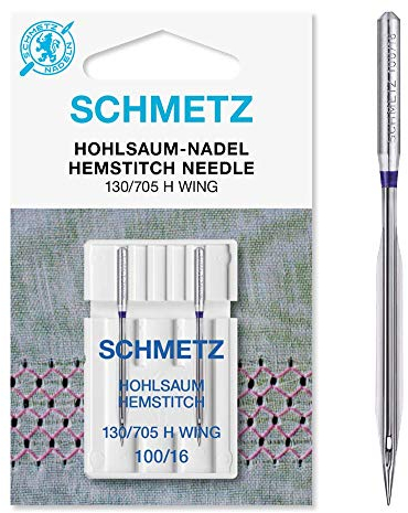 SCHMETZ | 2 Nähmaschinennadeln | Hohlsaum | 130/705 H-WING | Nadeldicke 100/16 | Geeignet für dekorative Hohlsäume | auf jeder gängigen Haushaltsnähmaschine mit Zickzack-Funktion einsetzbar