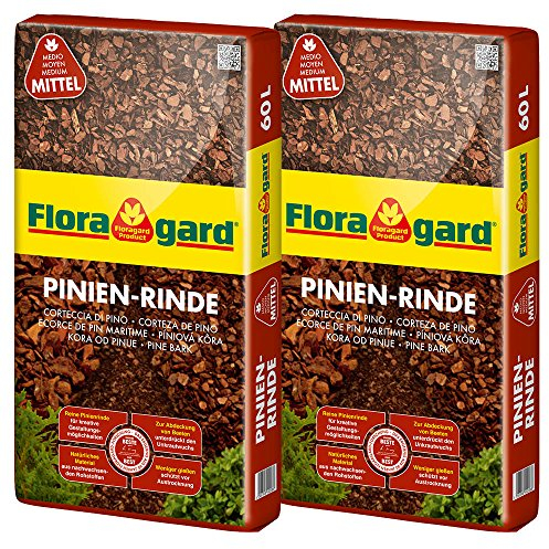 Floragard Mulch Pinienrinde 15-25 mm 2x60 L • mittel • dekorativer Bodenbelag • unterdrückt Unkrautwuchs • naturbelassen • für mediterranes Flair • 120 L