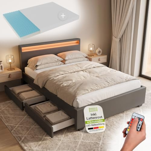 Juskys Polsterbett Lyon 140x200 cm mit Matratze, Bettkasten, LED Beleuchtung, Lattenrost & Kopfteil, grau, Bett Bettgestell Jugendbett Einzelbett
