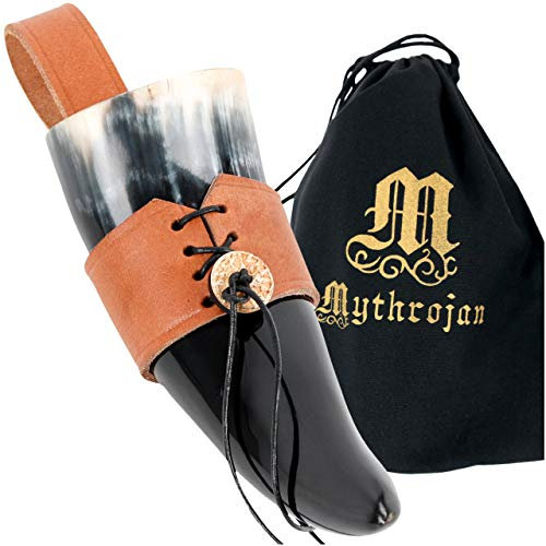 Mythrojan Viking Drinking Horn with Leather Holder Authentic Handmade Beer Mug Medieval Inspired Viking Wine Mead Mug Unique Genuine Ox Horn for Men and Women - Brown, 150 ML