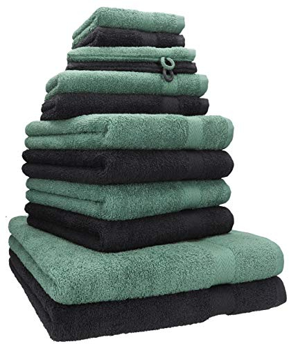 Betz Premium Handtuch-Set 12-teilig – 100% Baumwolle – Oeko-TEX® Zertifiziert – hohe Grammatur – Duschtücher, Handtücher, Gästetücher & Waschhandschuhe - Farbe Graphit/tannengrün