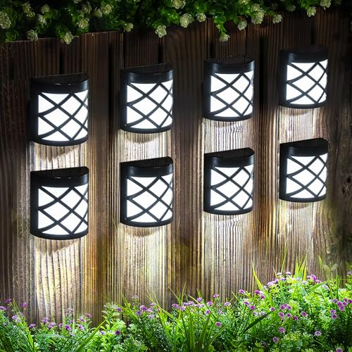 GIGALUMI 8 Pack Solar Fence Light Cold White Porch Solar Powered Decor Outdoor Waterproof Wall Fence Lights for Garden, Yard, Patio, Front Door, Garage
