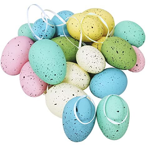 18 Pcs 3 Sizes 6 Colors Hanging Foam Speckled Eggs Ornaments Decorative Eggs in Transparent Packing Box with Faux Grass for Easter Tree Decorations Basket Filler