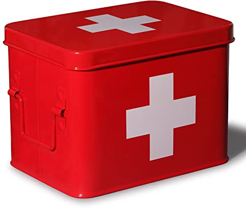 Theo&Cleo Medizin Box Metall, Erste Hilfe Kasten Koffer Schrank, Arzneischrank Medizinkoffer Retro, Medizinschrank, 22 * 16 * 16 cm, klein, Rot