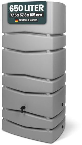 Kreher XXL Regentonne Aqua Tower aus Kunststoff in verschiedenen Größen und Farben (wählbar). Tolle Optik in einem schlichten, edlen Design - mit Auslaufhahn! (650 Liter, Grau)