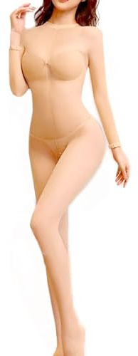 HTRUIYATY 30D Damen Bodysuit Sexy Ouvert Bodystrümpfe Open Badydoll Langarm Bodysuit Erotic Catsuit Ouvert Strumpfhose Beige