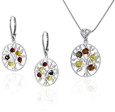 AMBEDORA Damen Silber Schmuck Set Baum des Lebens II, Anhänger mit Kette und Ohrringen, Bunten Baltischen Bernstein, Sterling Silber 925, Geschenkidee