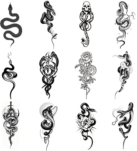 12 Stück Temporäre Tattoos Schlange, Fake Tattoo Aufkleber, Todesser Tattoos Temporär, Mach Dich schillernder(Schlange)