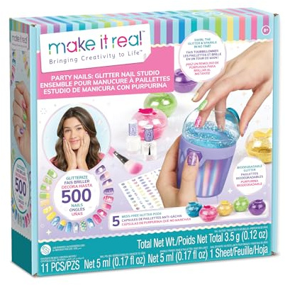 Make It Real: Party Nails - Set di unghie fai da te per decorare 500 unghie, 5 penne glitterate pulite, interpolazioni, ragazze e bambini dai 8 anni in su