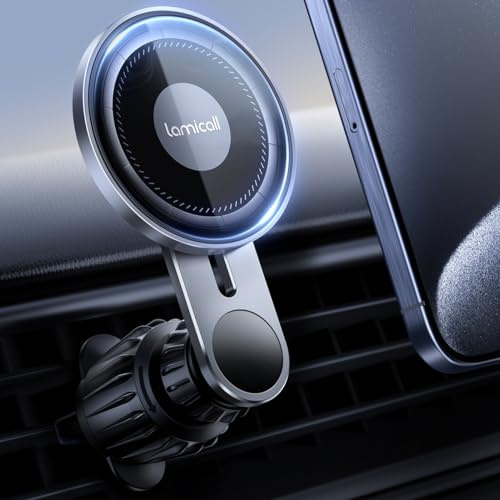 Lamicall Support Téléphone Voiture pour MagSafe, [Panneaux de Verre HD] | Bras d'Extension Amélioré, Crochet Métallique, Porte Téléphone à Grille d'Aération pour iPhone 17 16 15 14, Huawei, Android