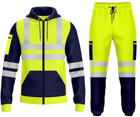 TORO ACTIVA Mens Hi Viz High Visibility Zip Up Tracksuit Pockets Drwastring Zipper Sweatshirt Hoodie & Trouser Bottom Jogging Safety Work Wear Reflective Joggers