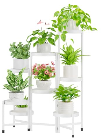 iDavosic.ly Porte-plantes intérieur extérieur, support à 8 niveaux d'angle en métal pour fleurs, étagère pliante haute pour orchidées pour patio, balcon, porche, jardin, salon, maison, blanc