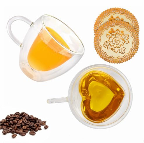 QHYK Tazas de Café de Cristal de doble pared, La capa interna tiene forma de corazón, 2 tazas de vidrio de borosilicato de 240ml, para Té, Café con Leche, Capuchino, Espresso, Jugo, Agua