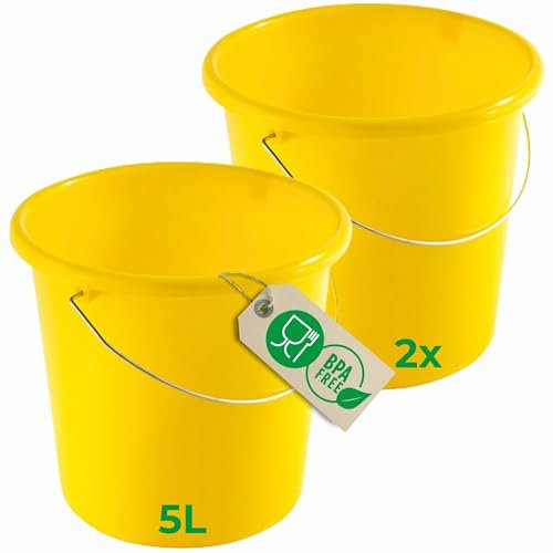 Novaliv 2 Stück Eimer 5L Gelb mit Maßeinteilung - Putzeimer 5 Liter ? 22,5 cm Praktischer Allrounder mit Skala für Haushalt & Garten ideal als Haushaltseimer, Wassereimer, Wischeimer, Bucket