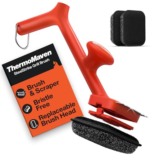 ThermoMaven BBQ Grill Brush Bristle Free - 17 Safe Steam Grill Cleaner Brush with Scraper and 3 Brush Heads for Porcelain/Gas/Charcoal Grill Outdoor Grill Barbecue Cleaner