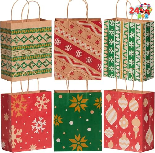 24 Stück Weihnachtstüten aus Kraftpapier, Geschenktüten mit Griffen für Weihnachtsgeschenke, Partys, riesige Geschenkdekorationen 22,9cm x 18,5cm x 8,4cm