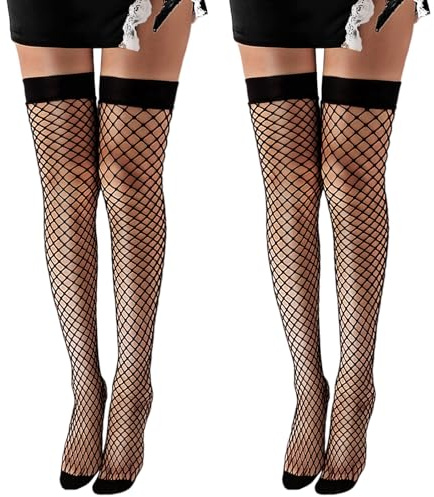 FUIPVGI 2 Pairs Fishnet Hold Up Stockings Fishnet Stockings Thigh High Stockings Anti-skid Silicone Women Net Stockings Elastic Anti-skid Suspender Stockings for Women, Girls, One Size (Black)