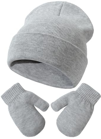 DRESHOW Ensemble Bonnet Beanie et Moufles D'hiver Set pour Bébés et Enfants Ensemble Chapeau et Gants Tricotés Chauds pour 3 Mois - 5 Ans Filles et Garçons