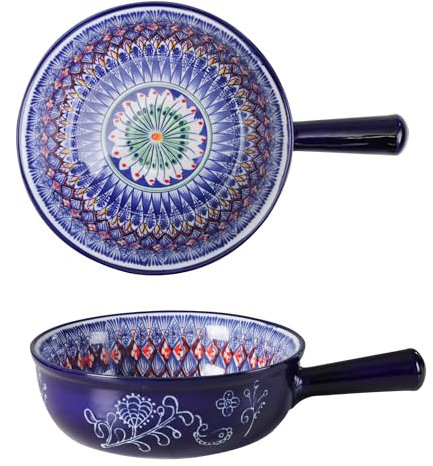 WK WENKRYGDN Ceramic Soup Bowl with handle, Bohemian Soup Crock 32 oz Bowl, Colorful French Onion Soup Bowl Oven Safe Soup Bowl,1 Pack 7in dia. Large Soup Bowl (Blue)