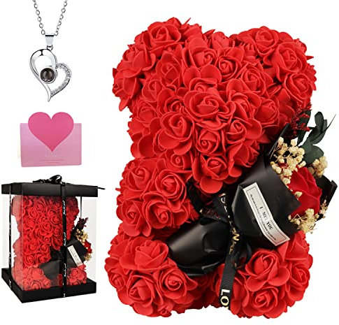 POHOMEGK Birthday Gifts for Women Rose Bear Gifts for Her, Rose Teddy Bear Gift for Girlfriend, Flower Bear With Rose Bouquet and Necklace,Anniversary for Wife/Mum
