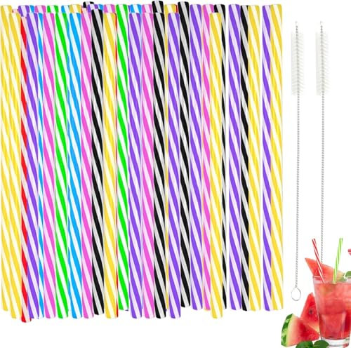 50 Pcs Reusable Plastic Straws Drinking Hard Straws with 2 Cleaner Brush for for Juice Cocktail Family Bars Cafes Restaurants BBQ Parties Celebrations