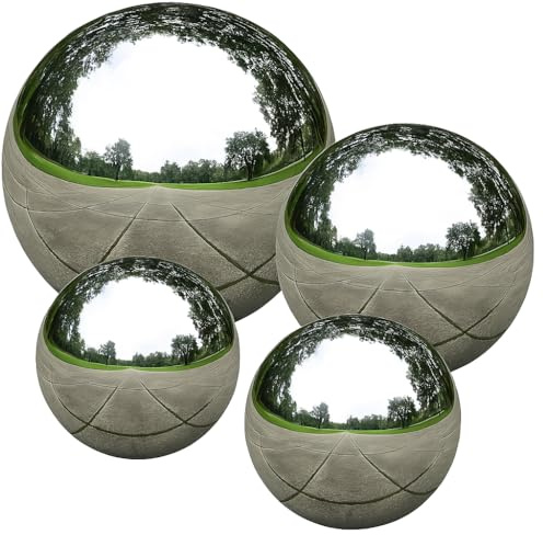 RANRHA 4-Piece Stainless Steel Gazing Ball Set – Mirror Polished Garden Spheres – Garden Decor for Lawn, Patio & Outdoor – Weatherproof & Rustproof – 8,6,4,4
