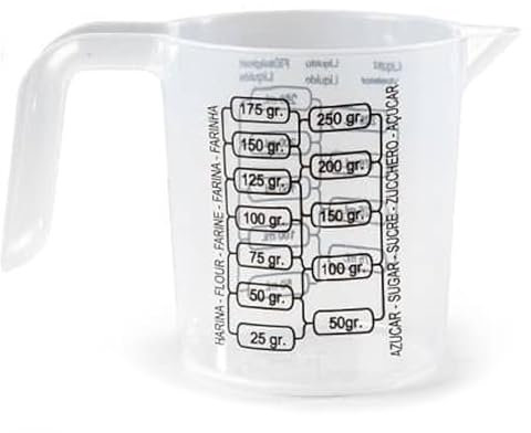CHEFZOCO Jarra Medidora, Vaso medidor, Recipiente medidor para la cocina, Apto para calentar en microondas, Asa Ergonómica, Uso prolongado y repetido, Graduación dual ml/gr, Plástico, Transparente