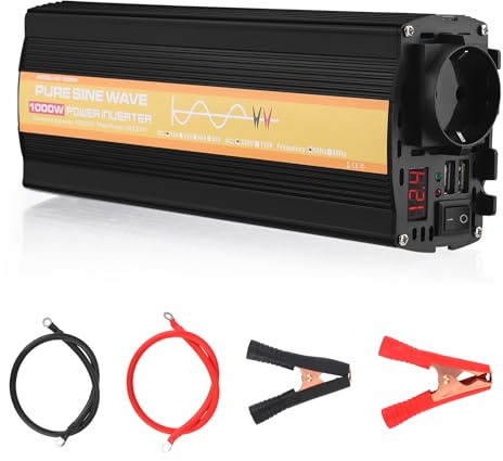 Invertitore da 12 V a 230 V,Inverter 12V 220V Onda Pura,Convertitore di Tensione 1000W,Power Inverter Sinusoidale da 12V A 230V per Camper,Con Display LCD,2 porte USB,1 Presa,Onda Pura per Auto