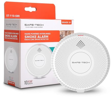 SAFE-TECH Mains Powered Interlinked Smoke Alarm for Home | 230V Mains Smoke Alarm | Hardwired Fire Alarms for Home | 10-Year Battery Backup | UK Tech Support