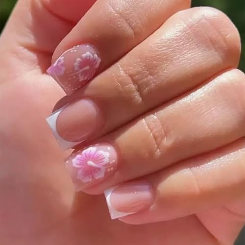 CharmBurst 24 Stück Press On Nails Kurz Rosa, Square Aufklebbare Nägel Mit Blumenmuster, French Künstliche Nägel Fingernägel, Kunstnägel Zum Aufkleben Fake Nägel