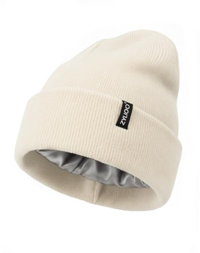 Zylioo S/M/L/XL/XXL fleece vintermössa stickad mössa för stora och små huvud, vinter varm beanie mössa, skalle klocka mössa, Satin matning beige, XL-3XL