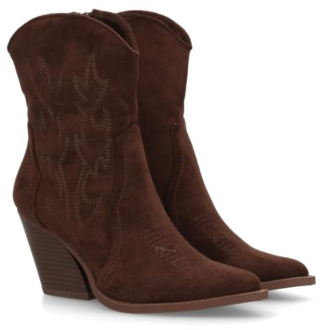 95188 Botin de Tacon Campero para Mujer, Bordado en Cana y Empeine, y Cierre de Cremallera, Otono Invierno Marron Talla 39