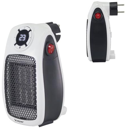 BEPER P203TER350 Mini Termoventilatore Ceramico, Mini Stufetta Elettrica Salvaspazio 500W/1000W, Display LED, Timer 24h, Termostato, Spina Rotante 90°, Autospegnimento Sicuro