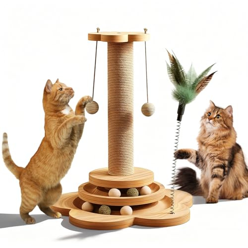 Cat Scratching Post with Natural Sisal, Sturdy Cat Scratcher Multifunctional Scratch Post with Solid Wood Base and Sisal Rope Balls Interactive Track & Spring Feather Toy for Indoor Cats (46cm Tall)