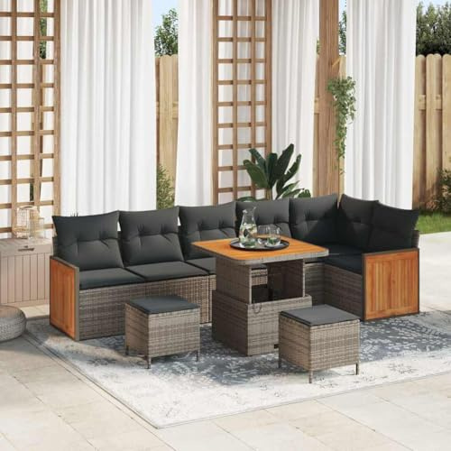 QJBSAVVA Gartensofa 9 TLG Grau Polyrattan Outdoor Lounge Eckbank Gruppe mit Stauraum 80x80x71 cm Modernes Design Robust für Garten Balkon Terrasse
