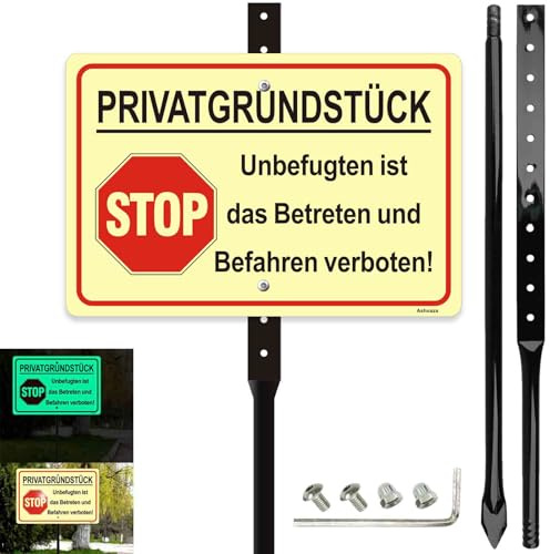 Cartel de propiedad privada con soporte para postes, de aluminio, autoluminoso, 20 x 30 cm, altura 88 cm, resistente a los rayos UV, resistente al agua, inoxidable, con material de fijación