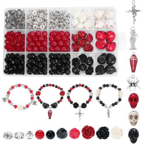 arricraft Kit de 319 cuentas góticas de calavera de Halloween, color negro, rojo, blanco, sintético, turquesa, calavera, rosa, cuentas de cristal, espaciadores sueltos para hacer joyas, pulseras