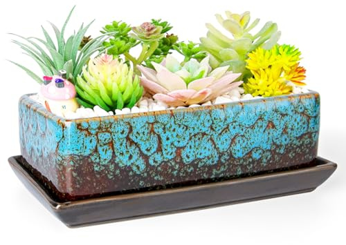 ARTKETTY Succulent Pots - Long Rectangle Succulent Planters with Drainage Tray, Window Sill Planter, Ceramic Pots for Indoor Cactus Plants Shallow Bonsai Window Box for Home Garden Decor | Window Sill Planter, Ceramic Pots for Indoor Cactus Plants Shallow Bonsai Window Box for Home Garden Decor