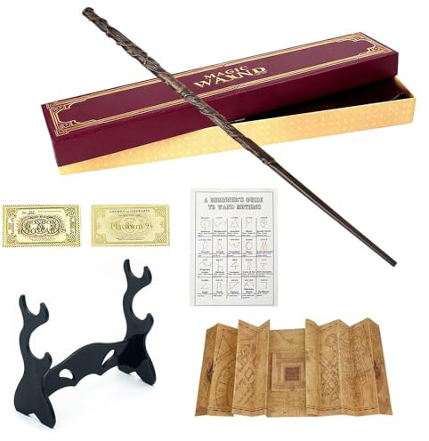 KBIBCK Baguette magique Hermione Granger fabriquée à la main, baguette magique Hermione de 38 cm dans une boîte cadeau avec ticket de station, tableau des sorts, carte et support, pour jeu de rôle