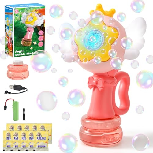 Bubble Machine for Kids, Rechargeable Angel Bubble Maker with Wings & Swinging Head, 3 Modes Automatic Light Up Bubble Blower Toys for Babies, Children & Girls, Bubble Gun Party Favors