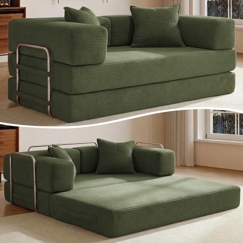 Vipbear Schlafsofa 160cm Breit,5-in-1 Faltbares Boneless Couch Grün | Bodensofa Bed Cordstoff 2er mit Schlaffunktion,Klappsofa Gästebett mit Armlehnen & Rückenkissen,Metallrahmen,ohne Montage