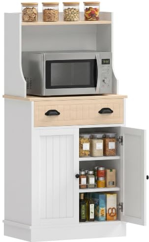 HOMCOM Meuble Micro-Ondes Armoire Cuisine Moderne 61x35x125,4 cm Blanc | Étagère Réglable Sur 3 Niveaux, Espace Ouvert, 1 Tiroir, Placard 2 Portes, Meuble de Cuisine