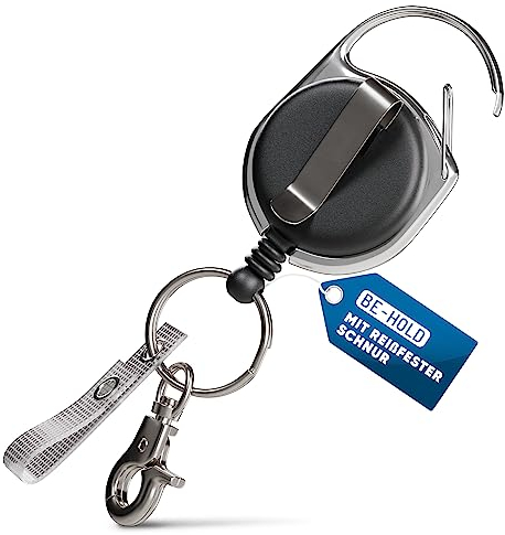 BE-HOLD Schlüssel JoJo, Ausweis JoJo mit extra starker Feder, reißfester Schnur und Schlüsselring, Befestigung mit Gürtelclip oder Karabinerhaken
