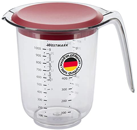 Westmark Jarra medidora, Con tapa, Escalas de medición multilingües y varias unidades de medida, Volumen de llenado: 1 l, Plástico, Transparente/rojo, 30662270