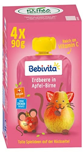 Bebivita Kinder-Spaß Erdbeere in Apfel-Birne, 4 x 90 g