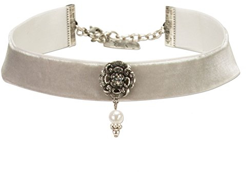 Alpenflüstern Trachten-Samt-Kropfband Elfrida mit Ornament und Perle - nostalgische Trachtenkette enganliegend, Kropfkette elastisch, Damen-Trachtenschmuck, Samtkropfband breit grau DHK168