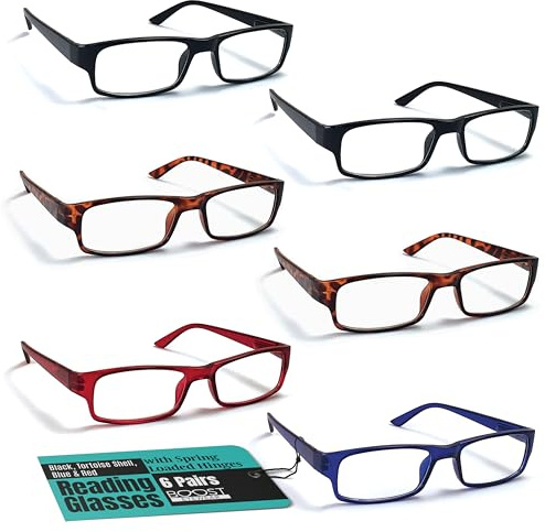 Boost Eyewear 6 Pack Reading Glasses, Traditional Frames in Black, Tortoise Shell, Blue and Red, for Men and Women, with Comfort Spring Loaded Hinges, Assorted Colors, 6 Pairs (2.25, 9, 2, 0, 0, 6)
