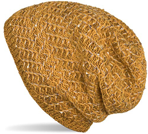 styleBREAKER Damen Strick Beanie Mütze Pailletten | Slouch-Passform, Thermo-Fleece-Futter gegen Kälte, weicher Gummizug (20 cm Bund), elastisch für 46-60 cm Kopfumfang.