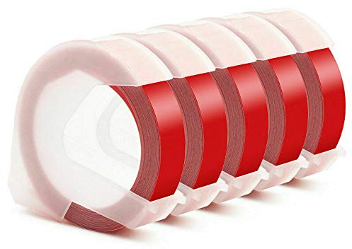 POWERTOOL 3D Prägeband, selbstklebende Prägeetiketten, Ersatz für DYMO, 9MM x 3M Weiß Druck auf Rot, 5 Stück (die gleiche Farbe)